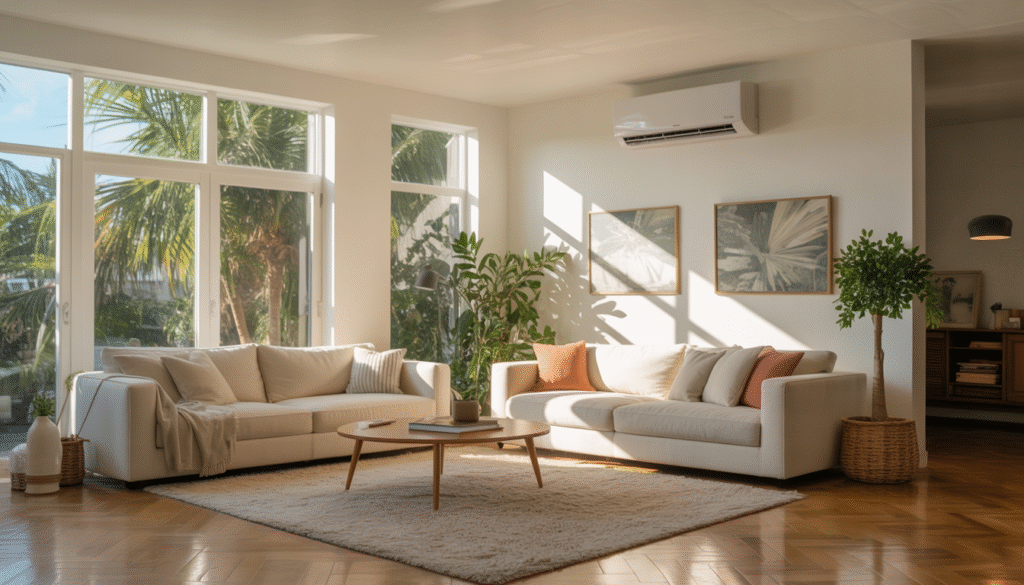 A modern living room in Clearwater, Florida with a sleek air conditioning unit, illustrating a cool and comfortable home setting.