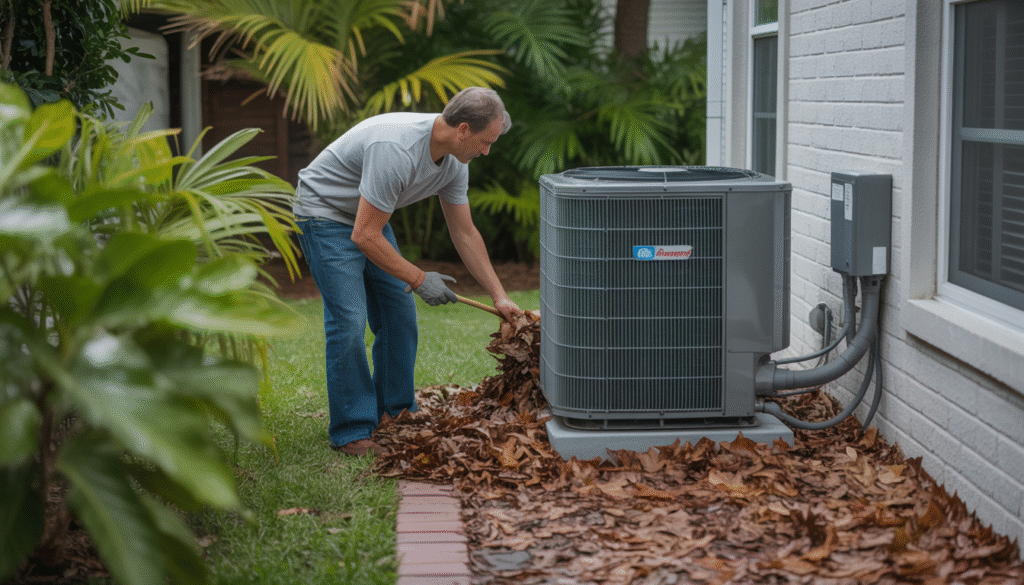 Homeowner clearing debris around an AC unit in a Florida backyard, emphasizing maintenance and cleanliness.