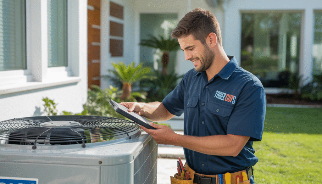 Three Guys A/C technician conducting HVAC maintenance in a Tampa Bay home, emphasizing energy efficiency and air quality.