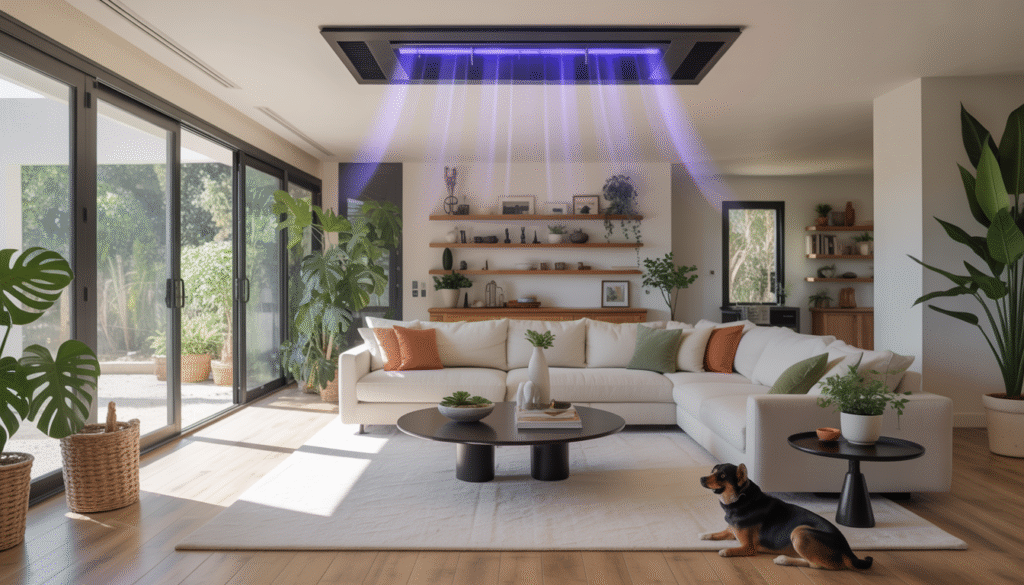 A bright living room with a UV air purification system, houseplants, and a pet, illustrating clean air in a Tampa Bay home.