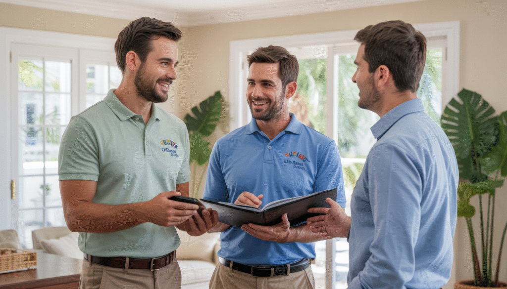 A team from Three Guys Master Tradesmen consulting with a homeowner about HVAC solutions in a welcoming home setting.