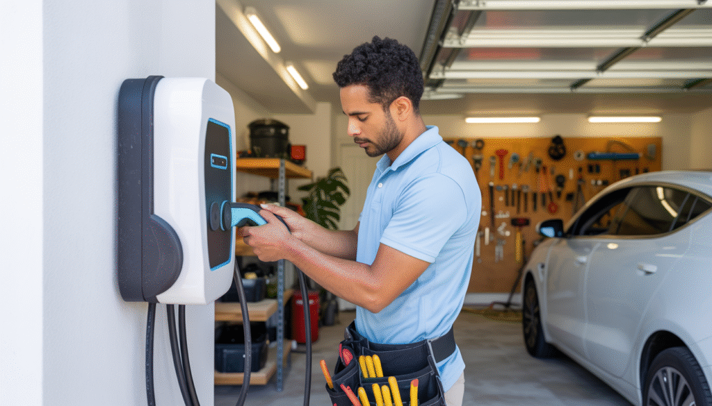 Electrician installing a Level 2 EV charger in a Tampa Bay home garage.