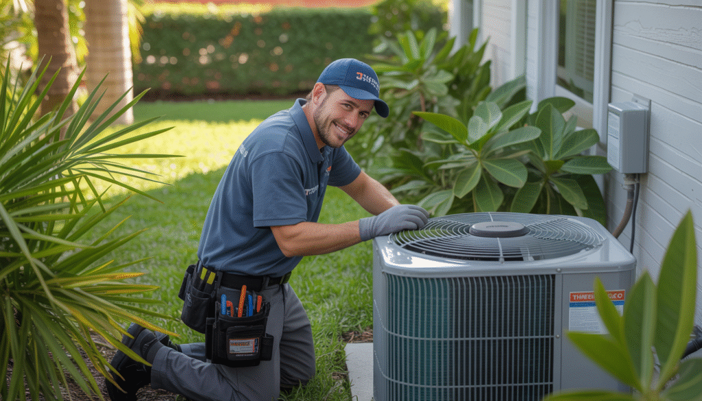 A technician servicing an outdoor AC unit in a green Tampa Bay garden.