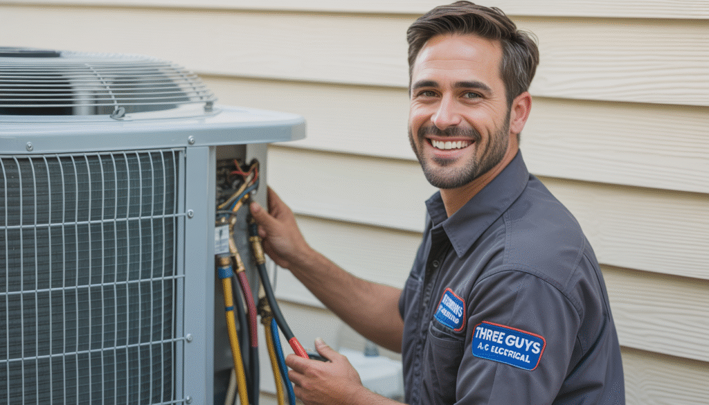 A technician from Three Guys Master Tradesmen servicing an air conditioning unit, representing professional and friendly maintenance service.