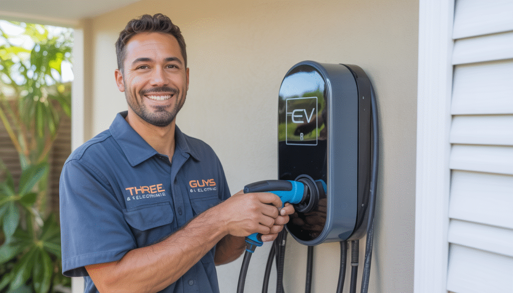 Technician from Three Guys Master Tradesmen installing an EV charging station in a Clearwater garage, showcasing professionalism and expertise.