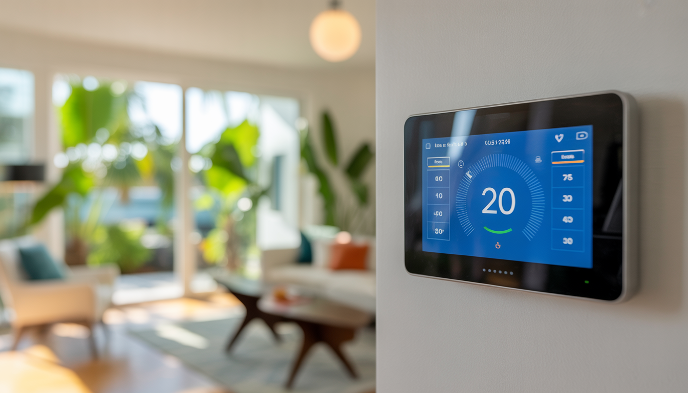 A smart thermostat on a wall in a modern Tampa Bay home, displaying energy savings and smart home integration, with tropical plants visible outside.