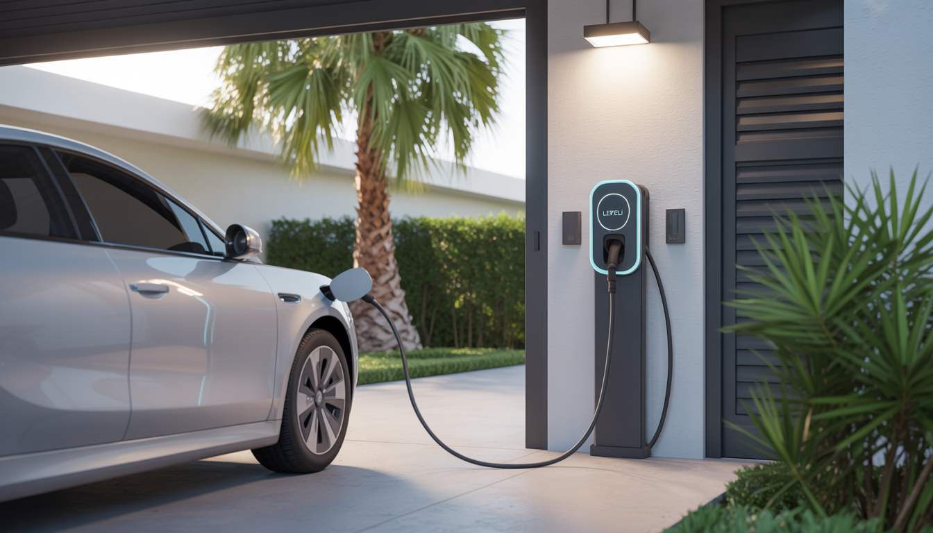 An electric car charging in a modern Tampa Bay garage with a Level 2 charger, showcasing a palm tree outside.