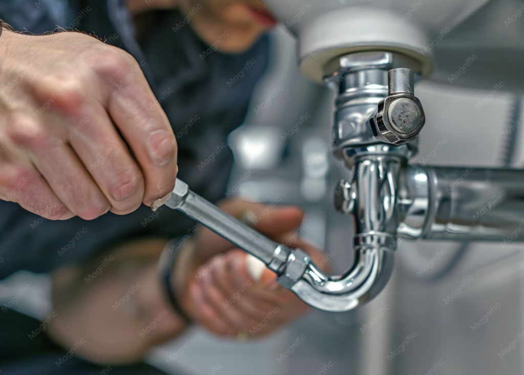 Plumber tightening a chrome drain pipe beneath a sink