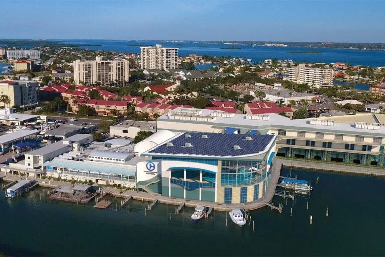Aerial view of Clearwater Marine Aquarium on the Clearwater, FL waterfront