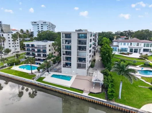 Waterfront homes and condominiums along Clearwater Harbor in the Harbor Oaks area of Clearwater, FL