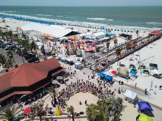 Aerial view of Pier 60 Park and the beach on Clearwater Beach, FL